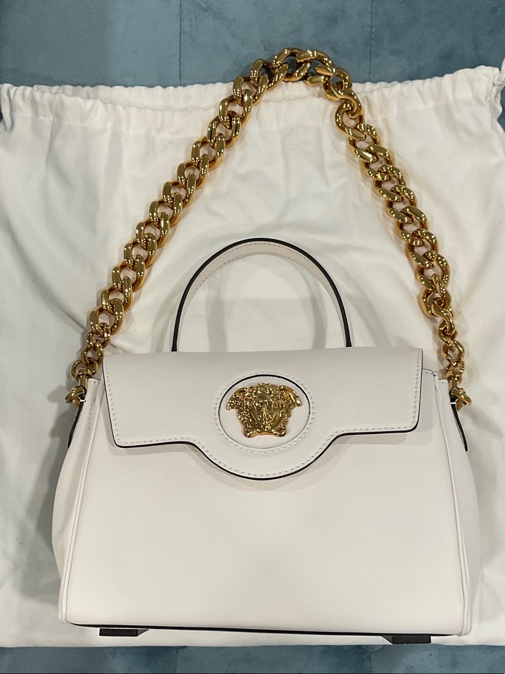 Versace White Leather Shoulder Bag with Gold Chain Strap
